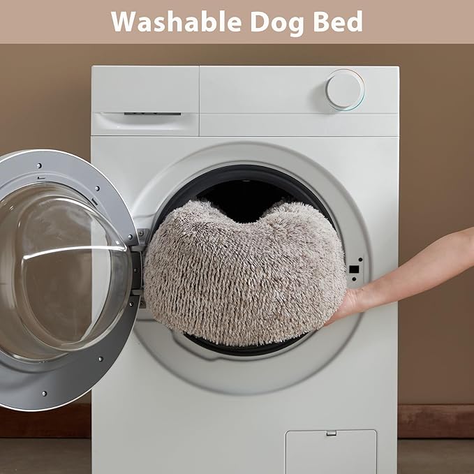 WNPETHOME Calming Dog Bed &amp; Cat Bed, Anti-Anxiety Donut Small Dog Bed, Fluffy Faux Fur Cats Cushion Puppy Bed for Small Pets and Cats (24 x 24 inch, Light Coffee)