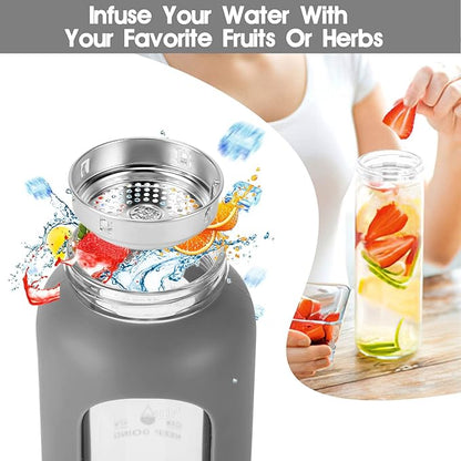 32 oz Glass Water Bottle with Straw - Motivational Time Marker &amp; Silicone Sleeve - Reusable Tumbler Includes 2 Bamboo Lids &amp; Fruit Infuser - 1 Pack