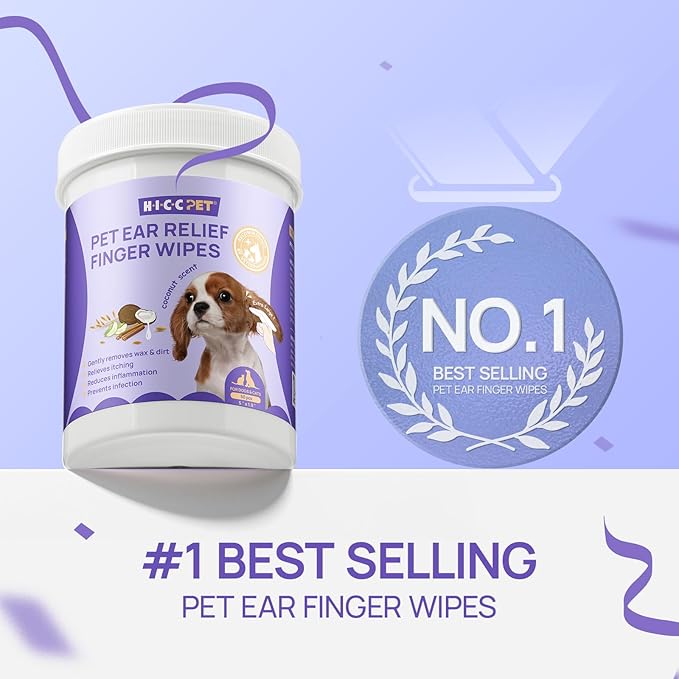 HICC PET Dog Ear Wipes Finger 100 Count Dog Ear Cleaner Wipes for Dogs &amp; Cats, Dog Ear Infection Treatment to Relieve Ear Itching &amp; Inflammation, Remove Ear Wax, Dirt, Smelly - Fresh Coconut Scent