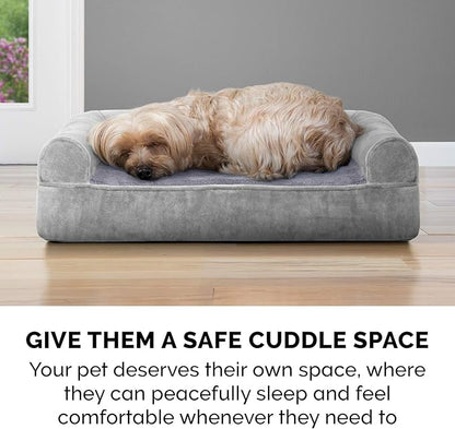 Furhaven Cooling Gel Dog Bed for Large/Medium Dogs w/ Removable Bolsters &amp; Washable Cover, For Dogs Up to 55 lbs - Faux Fur &amp; Velvet Sofa - Smoke Gray, Large