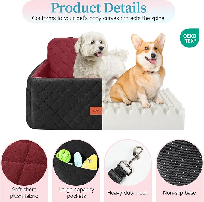 Dog Car Seat for Medium/Large Dogs, Pet Booster Seat for Under 55 lbs or 2 Small Dogs, Detachable &amp; Washable Dog Car Bed for Backseat with 2 Safety Leashes (Blcak/red)