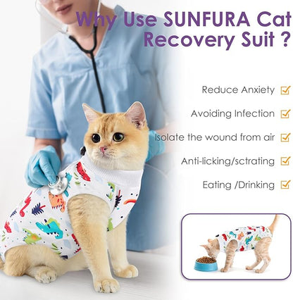 SUNFURA Cat Recovery Suit, Kitten Surgical Full Bodysuit for Abdominal Wound Protector Anti Licking After Surgery, Professional Bandages Cone E-Collar Alternative for Small Male &amp; Female Pets