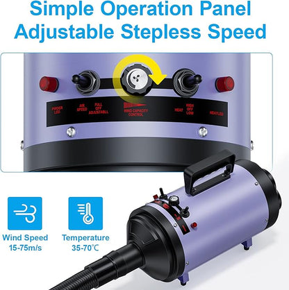 Professional Dog Grooming Dryer with Heater, 5.2HP High-Power Dog Blower, Variable Speed Adjustable, Low Noise Pet Hair Dryer for All Breeds(Purple)