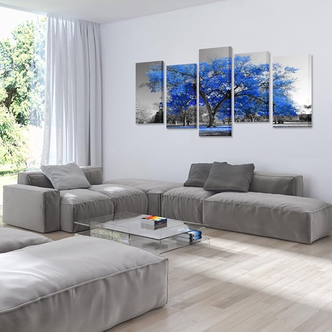 KREATIVE ARTS Canvas Print Wall Art Painting Contemporary Blue Tree In Black And White Style Fall Landscape Picture Modern Giclee Stretched And Framed Artwork (Large Size 60x32inch)