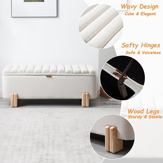 Kmax 45" Storage Bench Linen Entryway Bench Upholstered Ottoman Bench with Wavy Top &amp; Safty Hinge for Bedroom Living Room Hallway, Beige