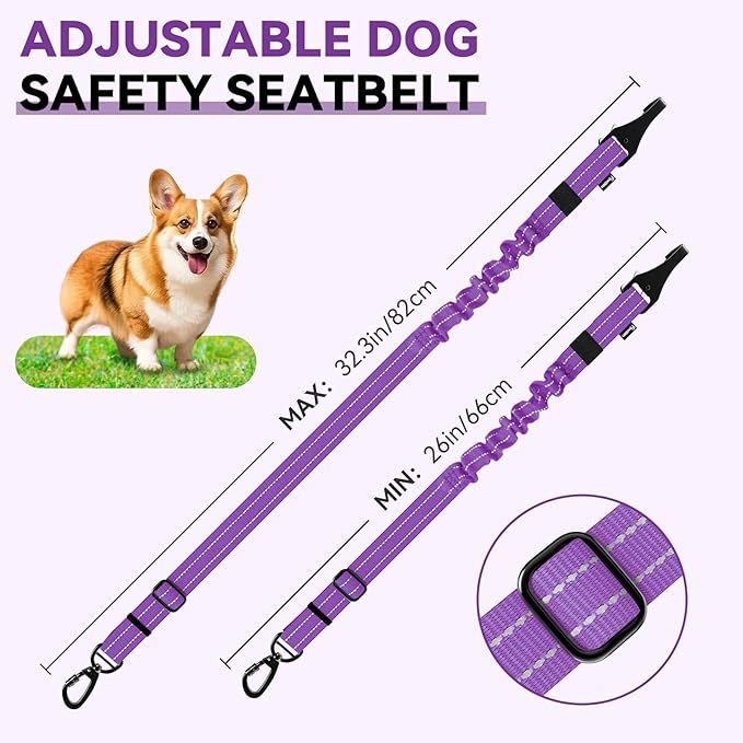 Pawaboo 2Pack Dog Seatbelt for Car, Dog Car Seat Belt Bungee, Shockproof Dog Tether for Car with Buckle &amp; Hook Latch, Adjustable Reflective Dog Car Harness Leash with 360° Lockable Buckle, Purple