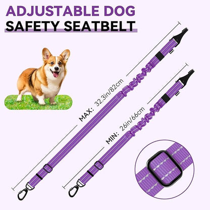 Pawaboo 2Pack Dog Seatbelt for Car, Dog Car Seat Belt Bungee, Shockproof Dog Tether for Car with Buckle &amp; Hook Latch, Adjustable Reflective Dog Car Harness Leash with 360° Lockable Buckle, Purple