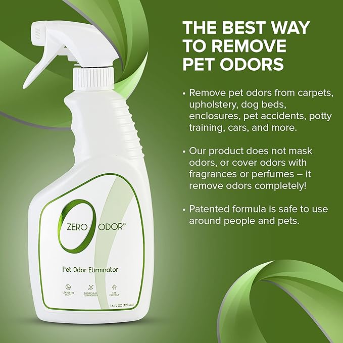 Zero Odor - Pet Odor Eliminator for Strong Odor, Eliminate Air &amp; Surface Odors – Patented Molecular Technology Best For Carpet, Furniture, Beds Smell Great Again (Over 400 Sprays Per Bottle)