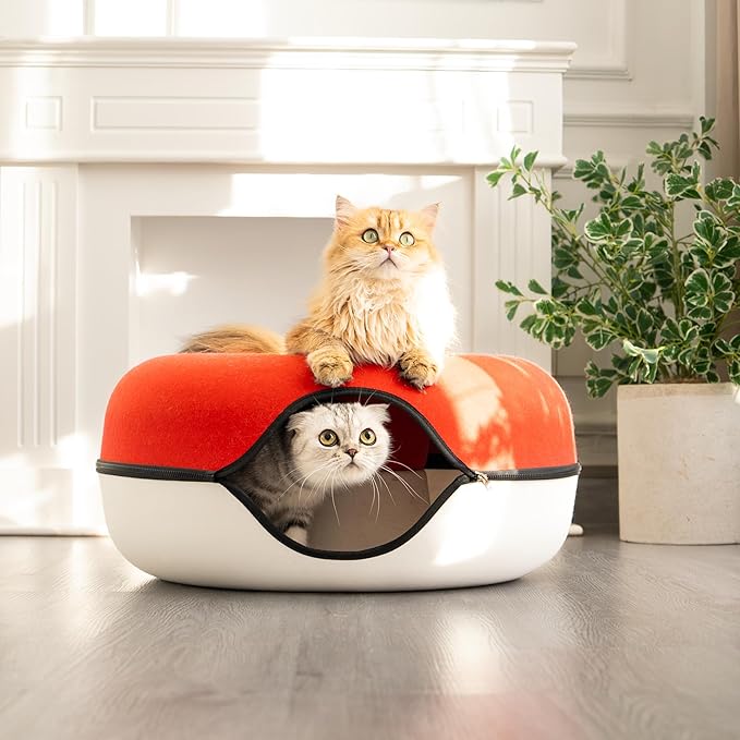 Cattasaurus Peekaboo Cat Cave, Extra Spacious for Multiple &amp; Large Cats 12+ lbs, Scratch Detachable Cat Beds for Indoor Cats, Washable Tunnel Bed, Comfy Cat Donut Tunnel (Ruby Snowball, Jumbo)