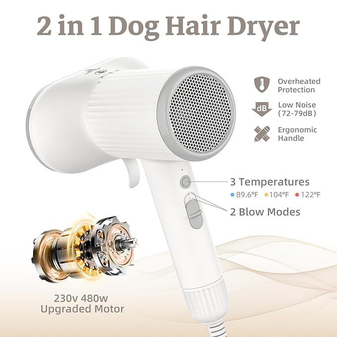Dog Hair Dryer, Professional 2-in-1 Pet Hair Dryer &amp; Grooming Brush with Removable Comb, Adjustable Temperature/Speed, Portable Dryer for Dogs and Cats