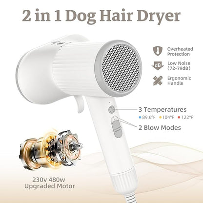 Dog Hair Dryer, Professional 2-in-1 Pet Hair Dryer &amp; Grooming Brush with Removable Comb, Adjustable Temperature/Speed, Portable Dryer for Dogs and Cats