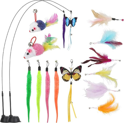 Suction Cup Cat Toys,Interactive Cat Wand with 15Pcs (Feather, Mouse, Butterfly, Worm),Durable Cats Fishing Pole Toy for Indoor Kittens,Fun Stick Toy for Exercise&amp;Play