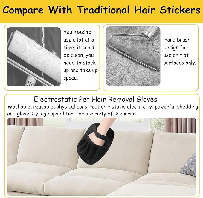 Vingtank 2Pcs Pet Hair Remover Glove, 2025 Upgraded Pet Hair Remover Electrostatic Gloves Reusable Cat &amp; Dog Hair Removal Tool for Couch, Furniture, Carpet, Car Seat
