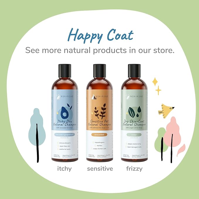 kin+kind Anti-Itch Dog &amp; Cat Shampoo for Itchy Skin and Allergies - Safe, Natural Formula with Olive, Coconut, and Avocado Oil - Made in The USA - Great for Dog Grooming and Cat Supplies (12 fl oz)