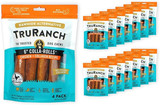 Collagen Rolls - 6" Collagen Rolls for Dogs - Long Lasting Healthy Joint Support - Rawhide Alternative - Skin &amp; Coat Health - Made with Real Chicken, Value Pack, 15 Bags, 60 Count