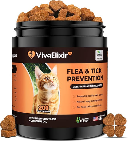 Flea &amp; Tick Treatment for Cats – Natural Flea, Tick &amp; Mosquito Prevention with Brewer’s Yeast, Coconut Oil – Skin &amp; Coat Health, Immune Support – Vet Formulated 200 Chews