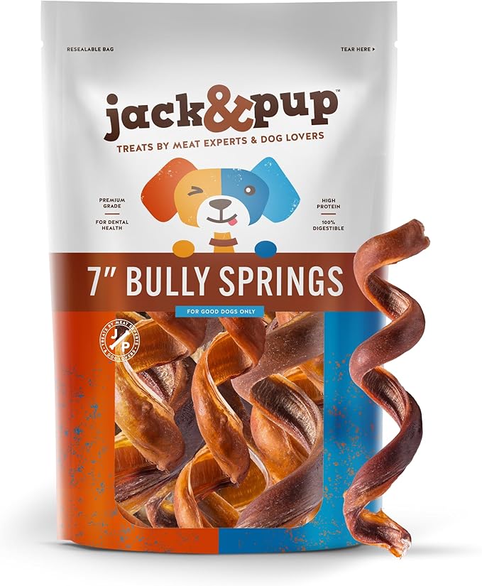 Jack&amp;Pup Bully Springs for Dogs | 7" Spiral Bully Sticks for Dogs | Long Lasting, Stimulating, Odor Free Bully Sticks (8 Ct)