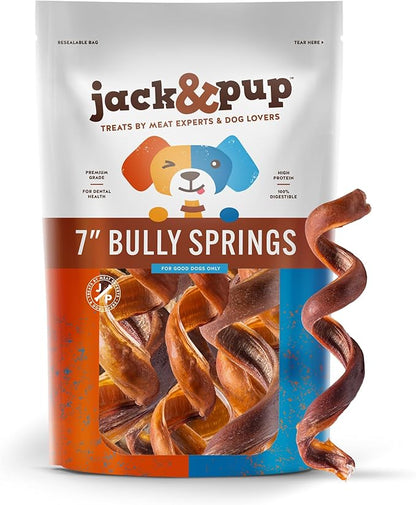 Jack&amp;Pup Bully Springs for Dogs | 7" Spiral Bully Sticks for Dogs | Long Lasting, Stimulating, Odor Free Bully Sticks (8 Ct)