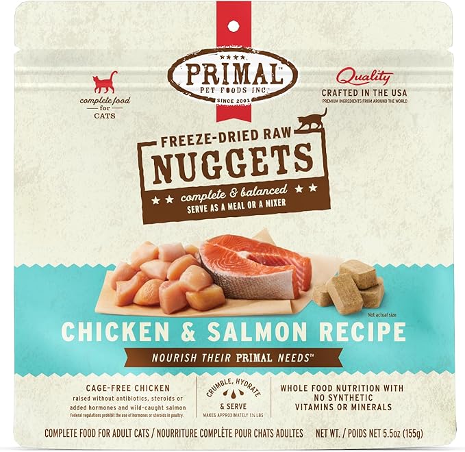 Primal Freeze Dried Raw Cat Food Nuggets Chicken &amp; Salmon, Complete &amp; Balanced Meal or Topper, Premium, Healthy, Grain Free, High Protein Raw Cat Food with Probiotics (5.5 oz)