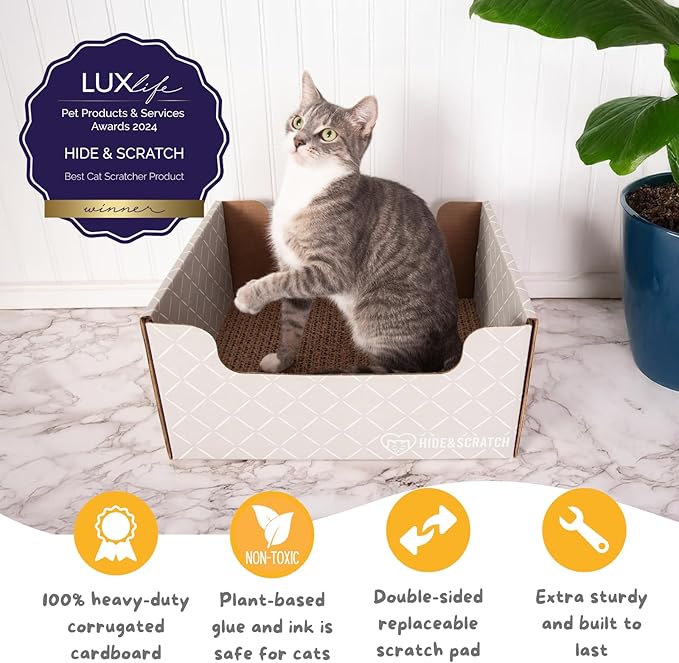 HIDE &amp; SCRATCH Cat Scratcher Box and Cat Bed with Refillable Double-Sided Cardboard Scratch Pad for Indoor Cats