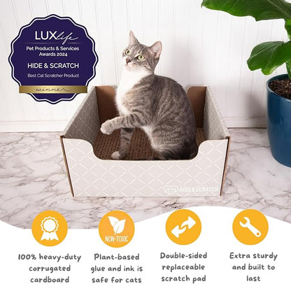 HIDE &amp; SCRATCH Cat Scratcher Box and Cat Bed with Refillable Double-Sided Cardboard Scratch Pad for Indoor Cats