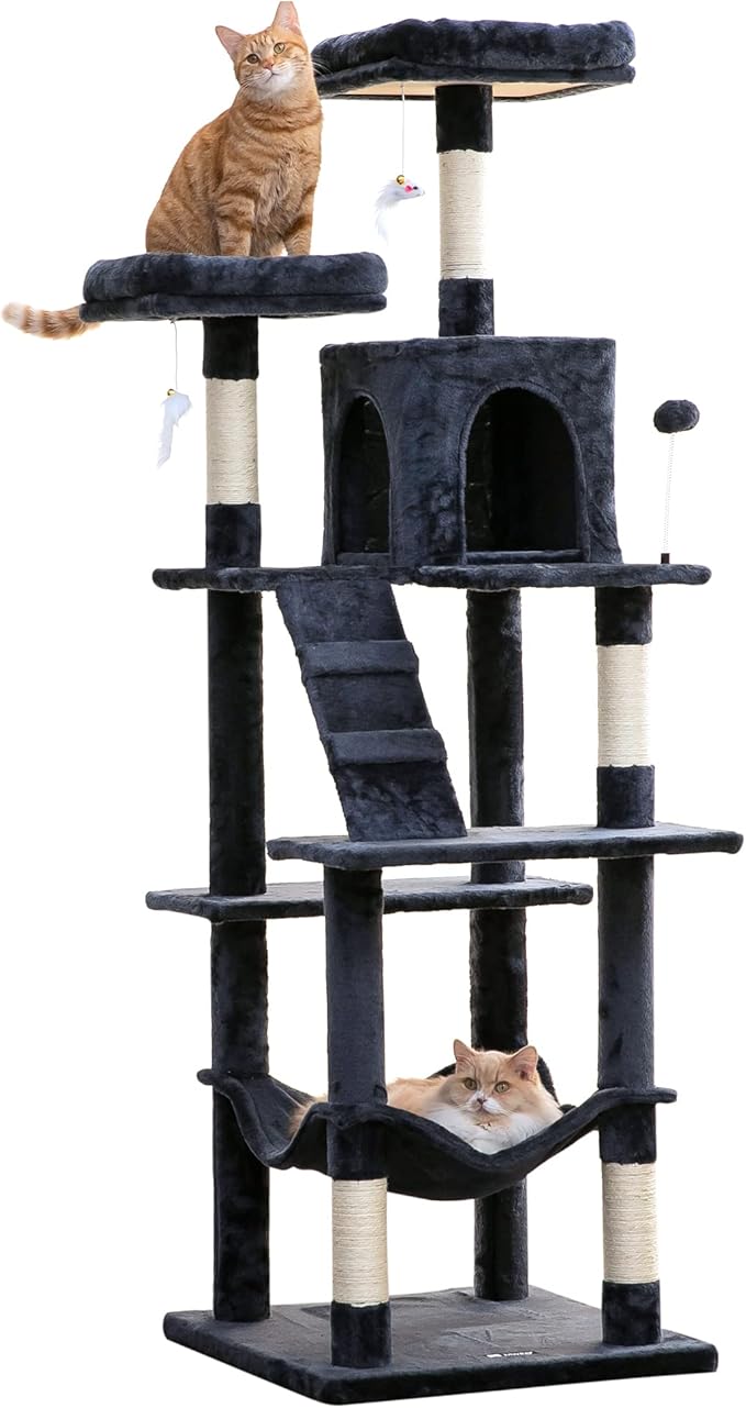 MWPO 70.1-Inch Large Cat Tree, Multi-Level Tall Cat Tower for Indoor Cats, Plush Cat Condo with Big Padded Perches, Sisal-Covered Scratching Posts, Hammock, Toys for Kittens &amp; Cats - Smoky Grey