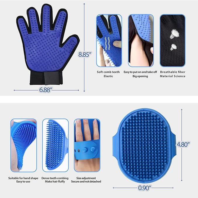 Cat &amp; Dog Grooming Gloves - Deshedding Brush for Shedding, Gentle Pet Hair Remover &amp; Massage Gloves for Cats, Dogs, All Fur Types (1 Brush +1 Pair Gloves)