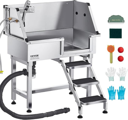 VEVOR Stainless Steel Dog Washing Station, 34 inch Pet Grooming Tub w/Storage Stairs, Faucet &amp; Showerhead &amp; Soap Holder Dog Bathtub, Pet Wash Station for Small Pets (Right Door)