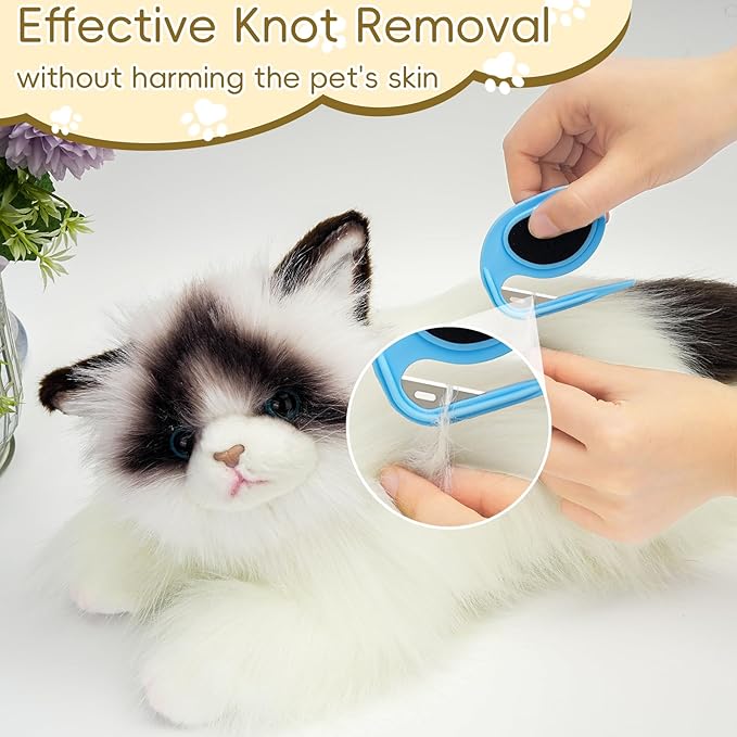 Upgraded Cat &amp; Dog Knotting Comb + Grooming Kit – Hidden Blade Safe Tangle Remover, Non-Slip Handle, Includes 4 Knotting Combs &amp; 1 Pet Grooming Brush