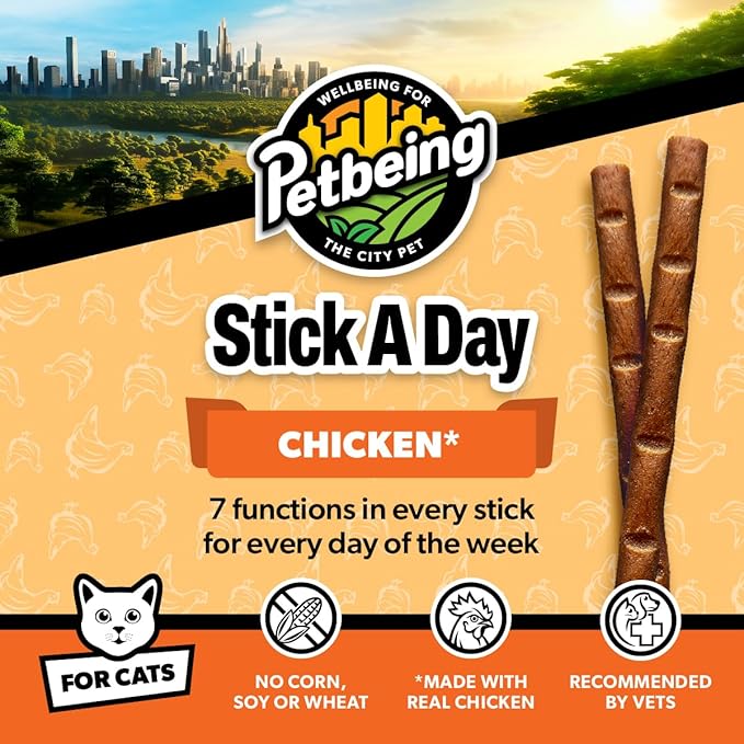 Stick a Day | Specially Formulated 7-in-1 Functions Daily Real Meat Supplement for Cats | Cat Chew Stick &amp; Pet Vitamins Supplements Combination (7-Pack x 4, Chicken)
