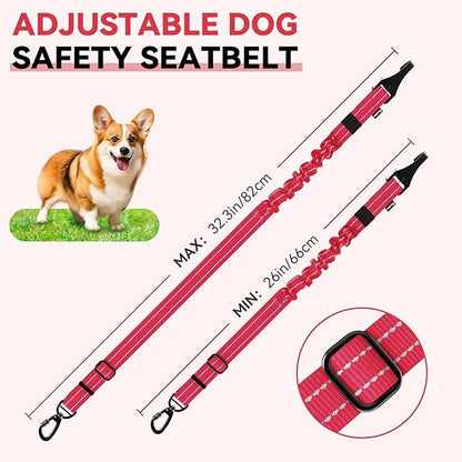 Pawaboo 2Pack Dog Seatbelt for Car, 3-in-1 Dog Seat Belt Bungee, Shockproof Dog Car Tether with Buckle &amp; Hook Latch, Adjustable Reflective Dog Car Harness Leash with 360° Lockable Buckle, Red