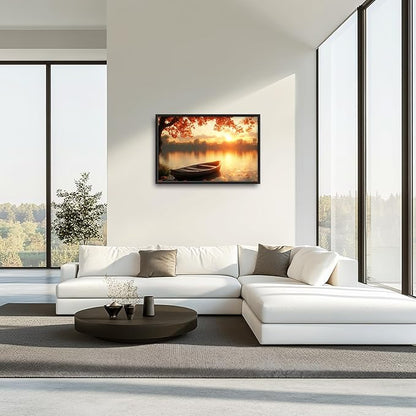 Large Lake Sunrise Landscape Wall Art for Living Room, Nature Boat Canvas Oversized Wall Decor, River Scenery Framed Pictures Painting Print Artwork for Bedroom Office 36"L x 24"W