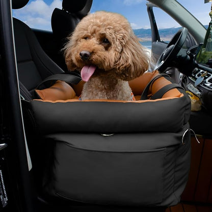 Dog Car Seat for Small Dogs, Large Leather Dog Car Bed with Storage Pocket, Waterproof PVC Leather Booster Seat Travel Bed for Front &amp; Back Seat, Clip-On Safety Leash (Black/Brown)
