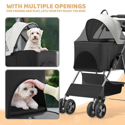 Magshion Foldable Pet Stroller, 3-in-1 Dog Travel Jogger with Detachable Carrier, Cup Holder, Storage Basket, Folding Carrier for Small/Medium Dogs &amp; Cats Up to 33 lbs, Black