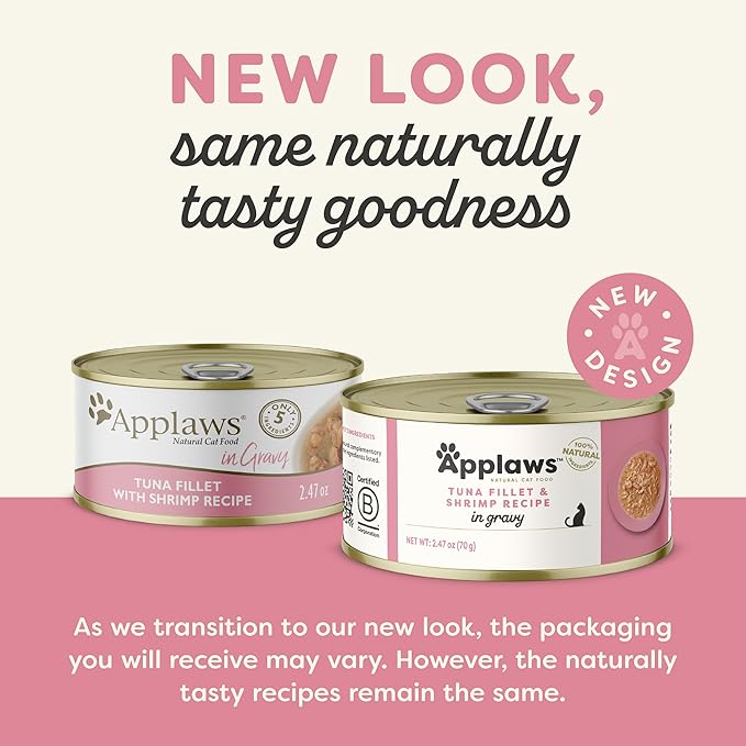 Applaws Natural Wet Cat Food in Gravy, Limited Ingredient Canned Wet Cat Food, No Additives, Made with Natural Ingredients, Tuna Fillet &amp; Shrimp in Gravy (24 x 2.47oz Cans)