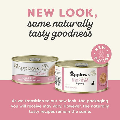 Applaws Natural Wet Cat Food in Gravy, Limited Ingredient Canned Wet Cat Food, No Additives, Made with Natural Ingredients, Tuna Fillet &amp; Shrimp in Gravy (24 x 2.47oz Cans)