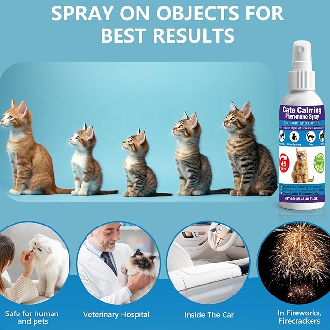 【𝐇𝐢𝐠𝐡𝐥𝐲 𝐄𝐟𝐟𝐞𝐜𝐭𝐢𝐯𝐞】Cat Calming Pheromone Spray for Stress &amp; Anxiety Relief – Reduces Scratching, Urine Spraying, Hiding – Drug-Free &amp; Vet Recommended – with F3 Facial Pheromone 6.76oz