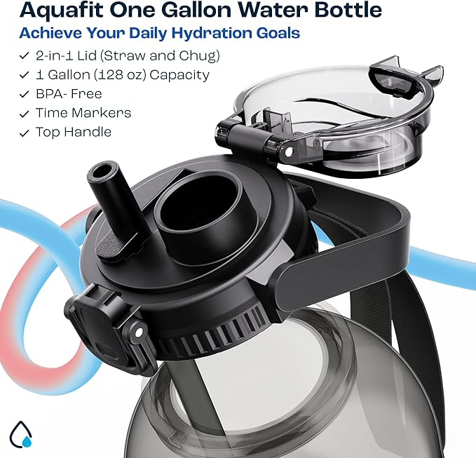AQUAFIT 128 oz Water Bottle with Time Marker - 2in1 Straw &amp; Chug Lid - BPA Free Big Jug with Straw - Gym Water Bottle with Strap (128 Ounces, Clarity)