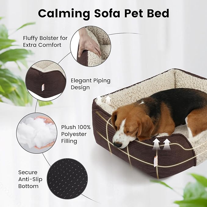 Miguel Washable Dog &amp; Cat Bed with Removable Cushion for Medium &amp; Small Dogs, Easy to Wash Pet Sofa Bed with Side Bolster, Anti-Slip Bottom, Brown, 30 Inch Rectangle