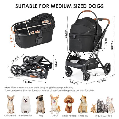 T6 Luxury Pet Stroller for Medium Dogs Up to 66lbs or 2 Small Pets – 3-in-1 Dog &amp; Cat Stroller with Removable Carrier, Foldable &amp; Lightweight (Black)