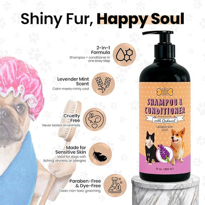 POM Pets 2-in-1 Organic Dog Shampoo &amp; Conditioner – Itchy Skin Relief, Dog Deshedding, Detangles Fur, Cat Shampoo, Paw Cleaner for Dogs, Natural Coat Defense Formula