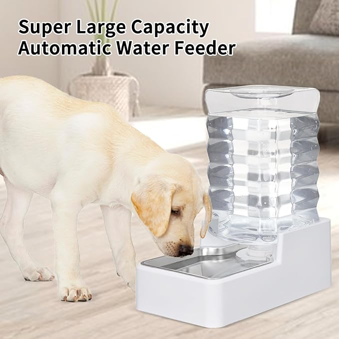 Dog Cat Water Dispenser: 8L White Upgraded Gravity Feeder with Stainless Steel Bowl - BPA-Free Large Capacity for Medium/Large Pets - Indoor &amp; Outdoor Use