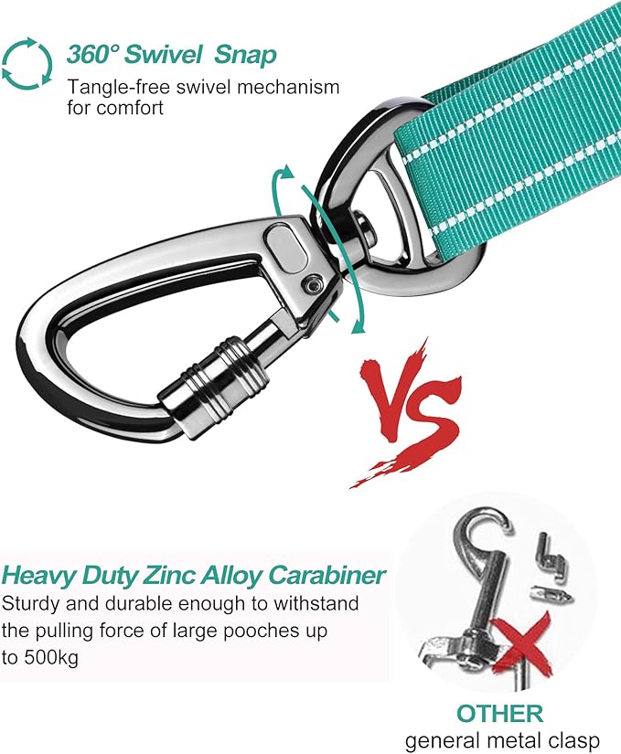 AUBELL Dog Seat Belt for Car,2 Pack Set 3-in-1 Adjustable Reflective Bungee Heavy Duty Dog Car Harness Tether with Clip Hook Latch &amp; Buckle,Swivel Zinc Alloy Carabiner,Black+Teal