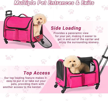 Large Pet Carrier with Wheels, Foldable Rolling Dog Carrier with Big Pocket, Cat Rolling Bag 21"x13"x13"for 2 Cats &amp;Dogs, Use for Travel, Outdoor, Vet Visits, Camping, Indoor. Pink