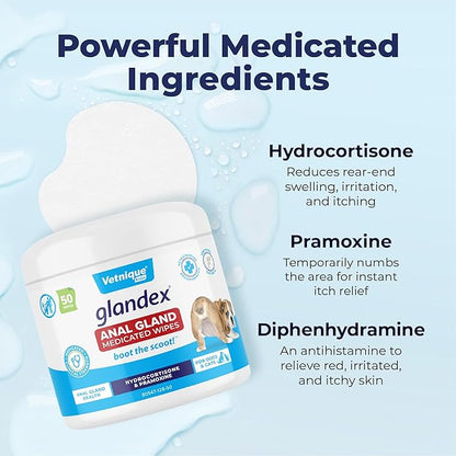 Vetnique Glandex Medicated Dog Butt Wipes or Spray for Dog Scooting - Topical Anti Itch Skin Relief for Soothing Inflamed Anal Glands in Dogs &amp; Cats - Fast Acting Formula 50ct (50ct Wipes)
