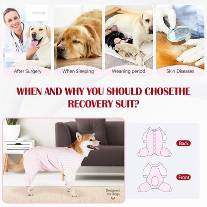 Dog Recovery Suit, Abdominal Wound After Surgery Wear, Anti Licking Bodysuit with Snaps, E-Collar &amp; Cone Alternatives, Long Sleeve Dog Spay Surgical Pajamas Prevent Shedding(2XL, Pink)