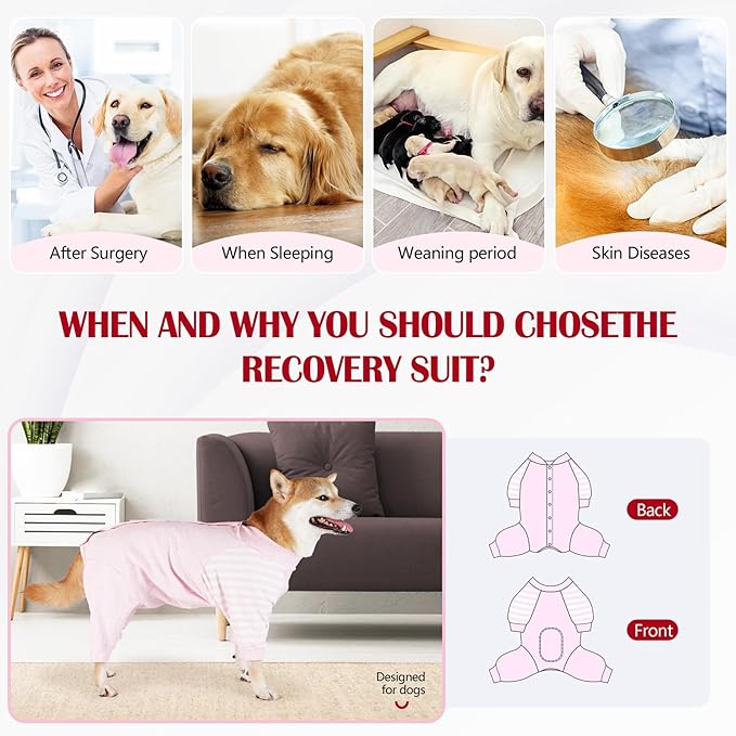 Dog Recovery Suit, Abdominal Wound After Surgery Wear, Anti Licking Bodysuit with Snaps, E-Collar &amp; Cone Alternatives, Long Sleeve Dog Spay Surgical Pajamas Prevent Shedding(3XL, Pink)