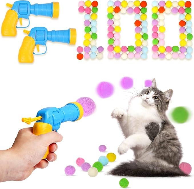 100Pcs Cat Toys Pom Pom Balls with 2 Launchers Set, Interactive Cat Toy Stuff for Indoor Both Adult &amp; Kitten Toys