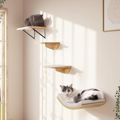 Cat Wall Shelf &amp; Window Perch Combo, Wood Cats Wall Furniture with Soft Foam Curved Bed and Felt-Padded Steps, 4-Piece Floating Cat Climbing System