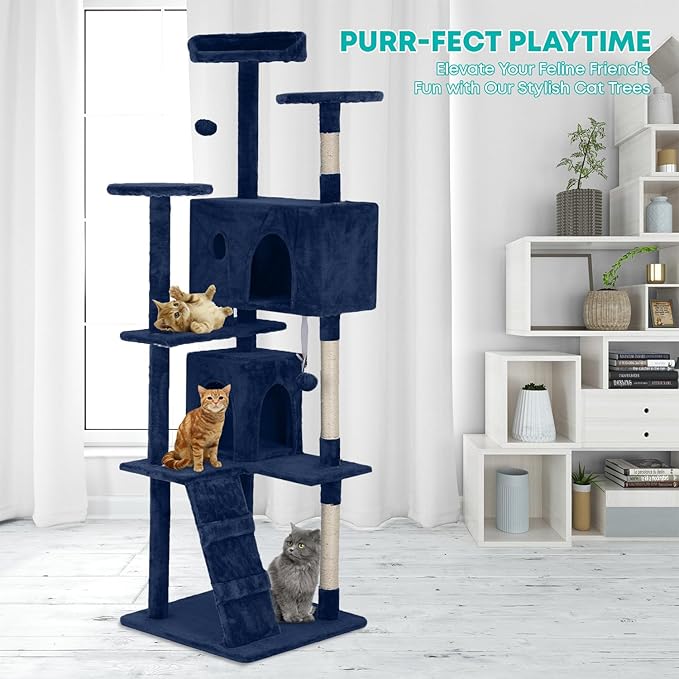 FDW Cat Tree 70in Cat Tower Multi-Level Durable Cat Scratching Post &amp; Cozy Fun Cat Jumping Platform Space Saving Cat Condo Pet Play House for Indoor Cats,Navy Blue